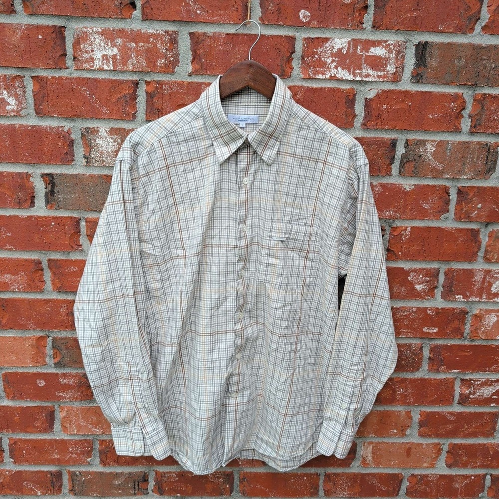 Alex Cannon Button Down Shirt Mens Large Grey White Tan Plaid Cotton Long Sleeve